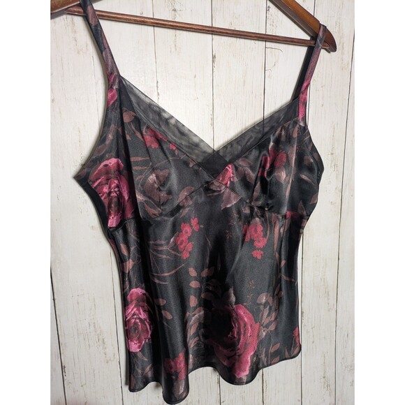 Black Floral Satin Cami Tank Top Size L Goth Romantic Dark Academia Whimsigoth - Picture 2 of 7